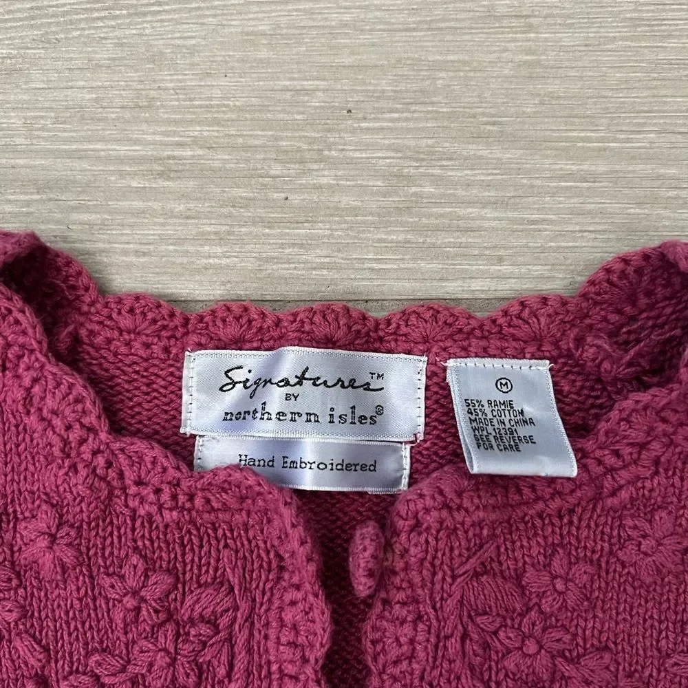 Vintage 90’s Hand Knitted North Isle Cardigan Sweater Floral Pink Size M
